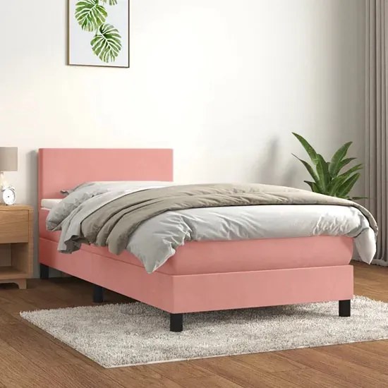 Aksamitne różowe łóżko kontynentalne z materacem 90x200 F9-B61