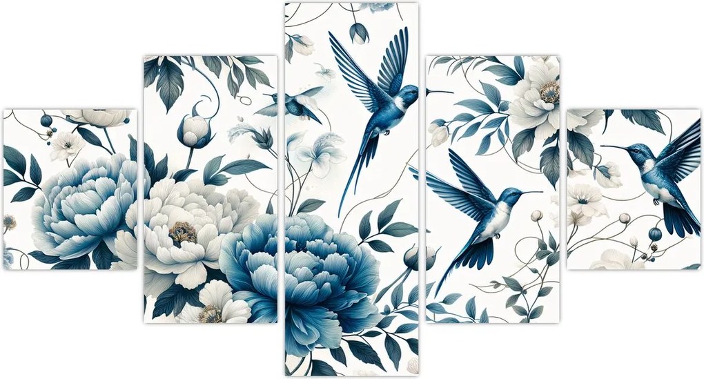 Obraz - Kolibry z kwiatami (125x70 cm)