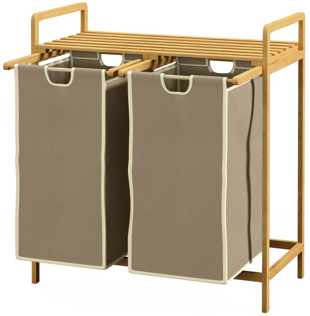 HOMCOM Kosz na bieliznę z 2 workami na pranie, 1 półką, bambus, 63,5 cm x 33 cm x 73 cm, Jasnoszary + Naturalny