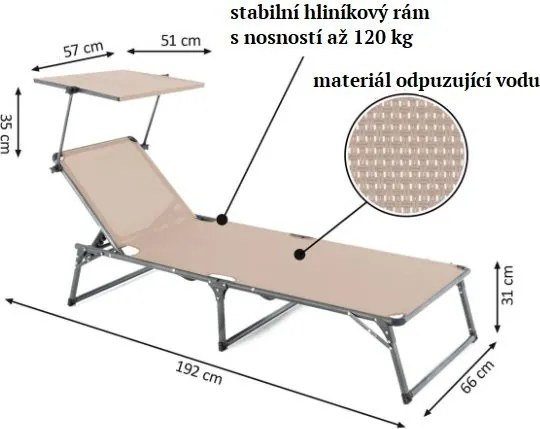 Leżak składany DIVERO z daszkiem, XXL, beżowy