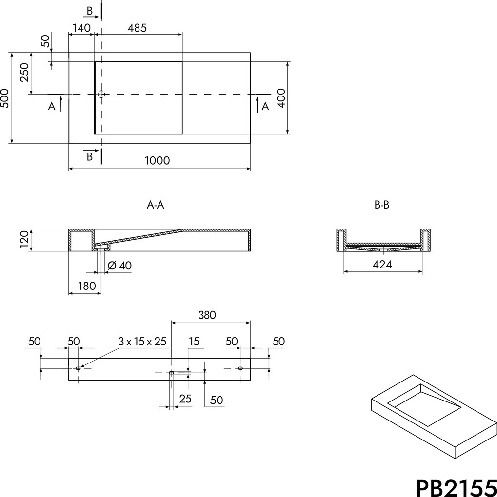 Umywalka ścienna PB2155 z odlewu mineralnego