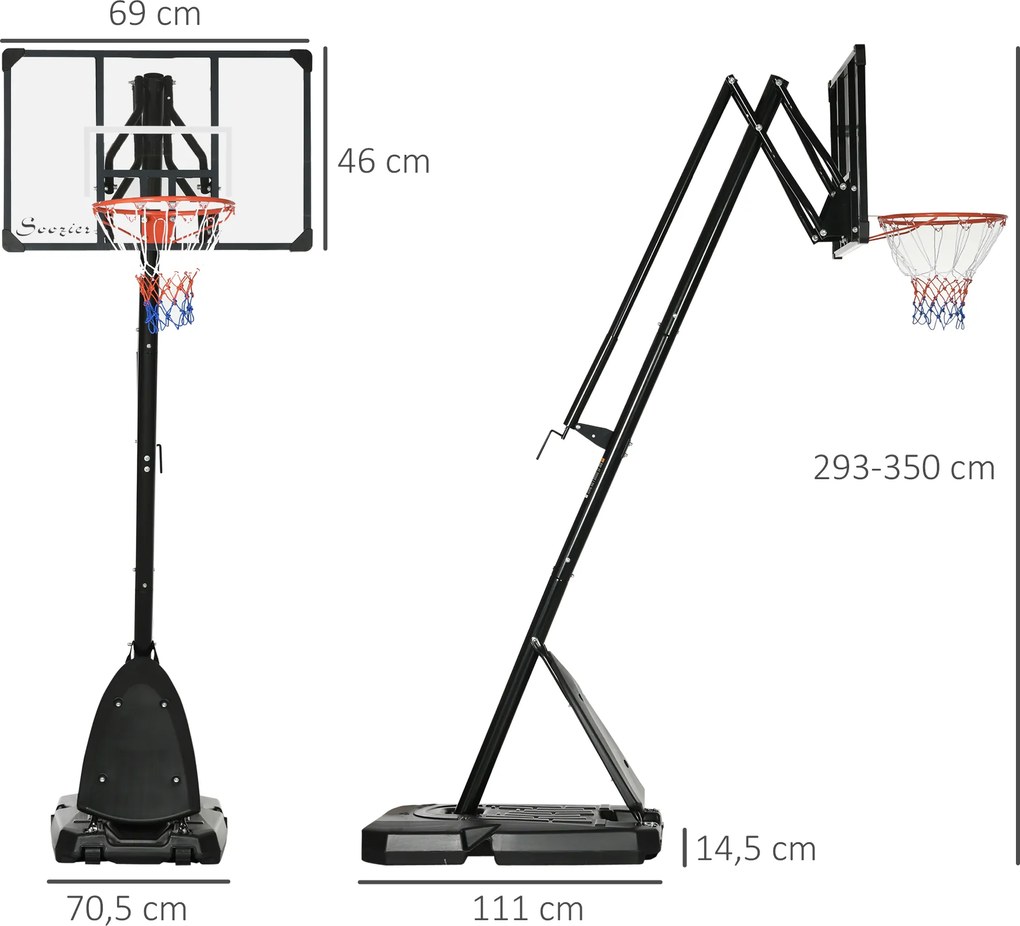 SPORTNOW Stojak na koszykówkę 293-350 cm, kosz do koszykówki ze stojakiem, rolki ze stali