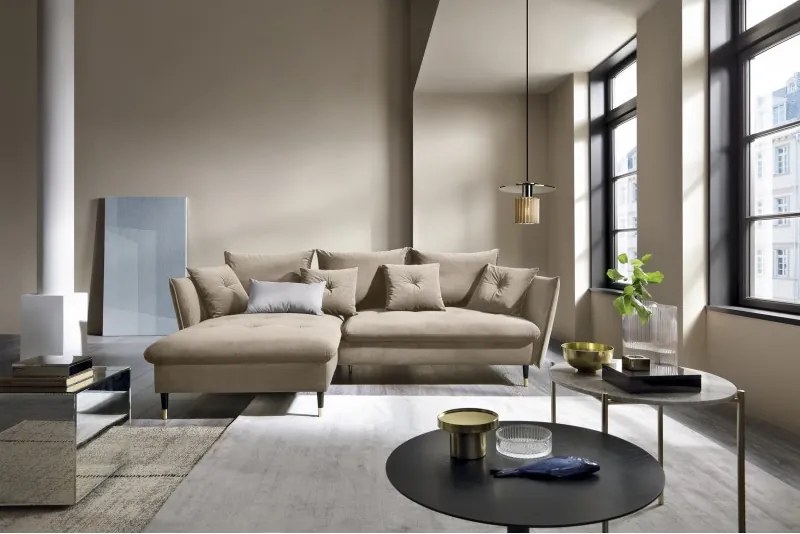 Narożnik GLAM Lewostronny z funkcją spania, zestaw z poduszkami wolnostojący tkanina RIVIERA 16 Beżowy DOMO HOME