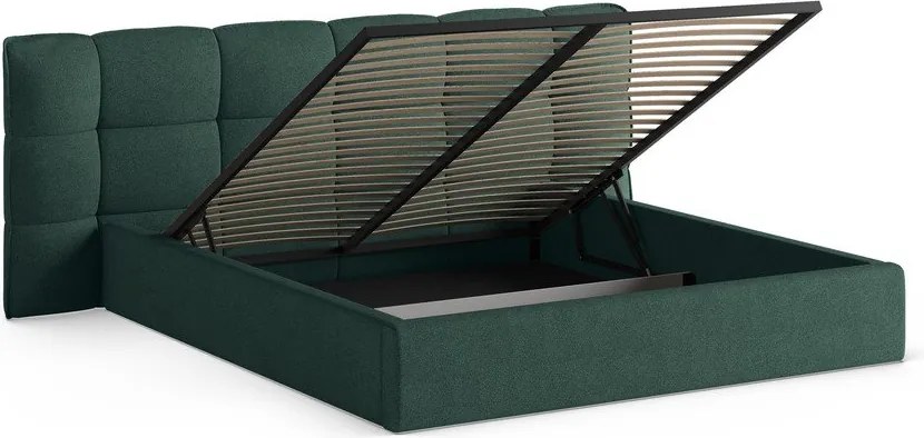 Ciemnozielone tapicerowane łóżko dwuosobowe ze schowkiem ze stelażem 160x200 cm Eric – Micadoni