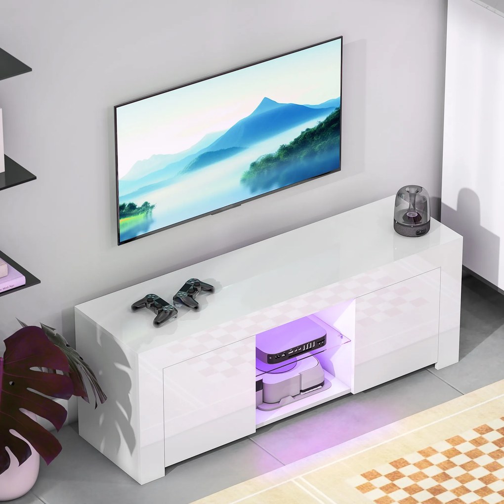 HOMCOM Stolik RTV z LED biała szafka pod telewizor do salonu z półką szklaną i otworami na kable | Aosom PL