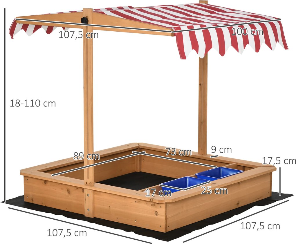 Outsunny Piaskownica drewniana z regulowanym dachem dla dzieci 3-7 lat 107 5x107 5x110 cm żółta | Aosom PL