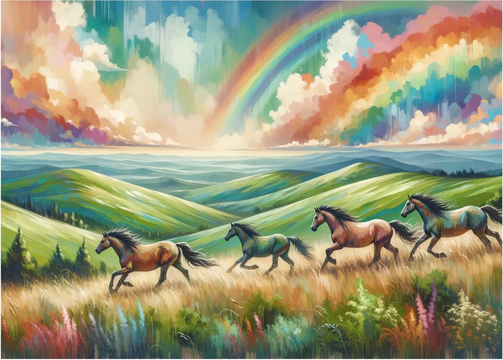 Obraz na szkle – Konie galopujące przez krajobraz (70x50 cm)