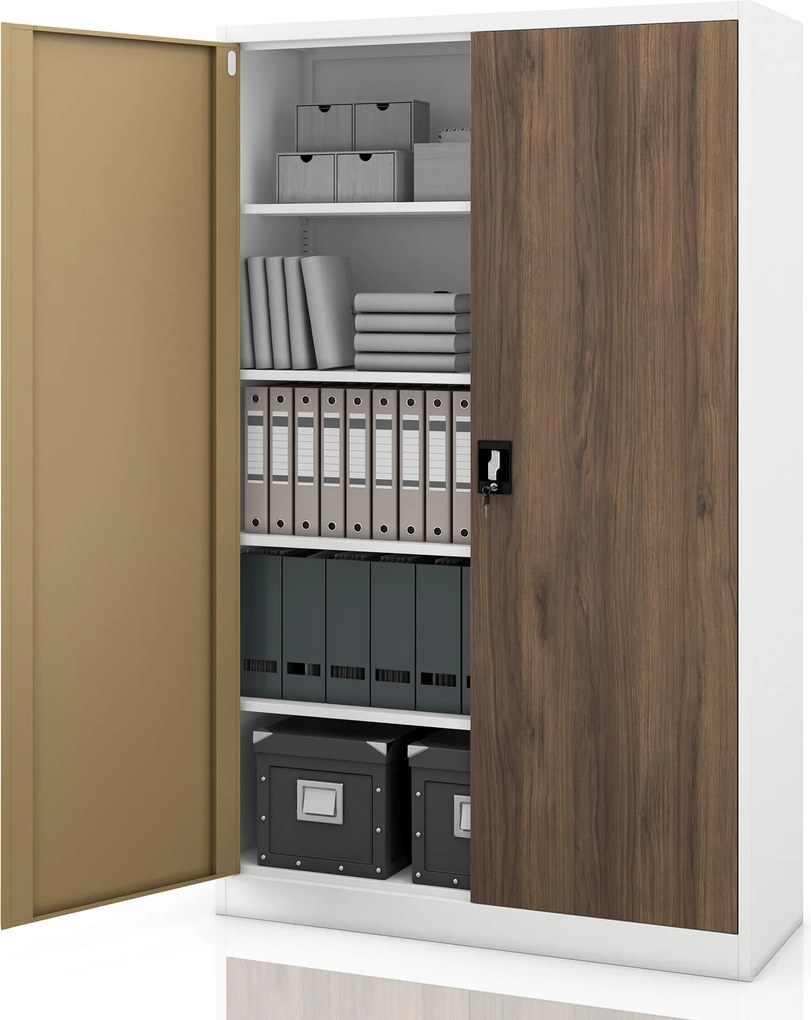 Szafa biurowa metalowa na akta biała / orzech: Eco Design JAN II, 1150 x 1850 x 400 mm