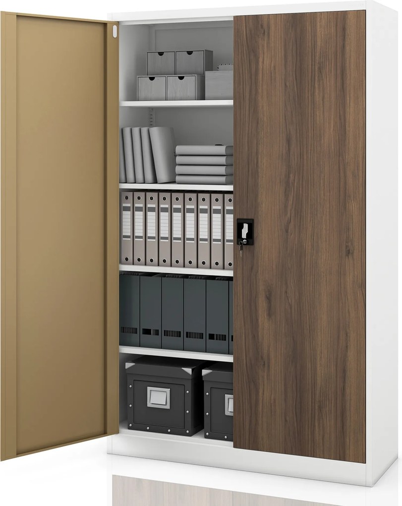 Szafa biurowa metalowa na akta, szeroka, biała/orzech, 1150x1850x400 mm: JAN II Eco Design