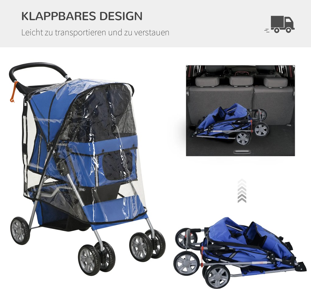 Outsunny Wózek dla Psa Składany z Osłoną Przeciwdeszczową Niebieski | Aosom PL