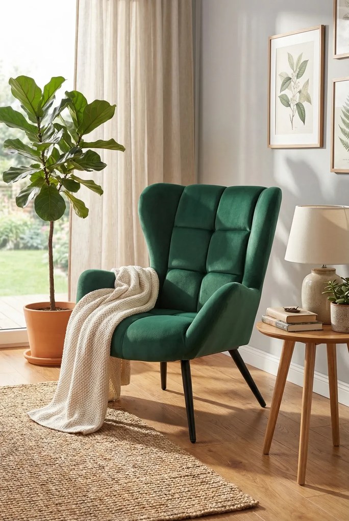 Zielony welurowy fotel uszak D6-F50