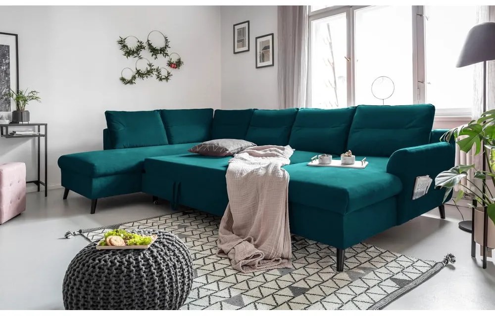 Turkusowa aksamitna rozkładana sofa w kształcie litery "U" Miuform Stylish Stan, lewostronna