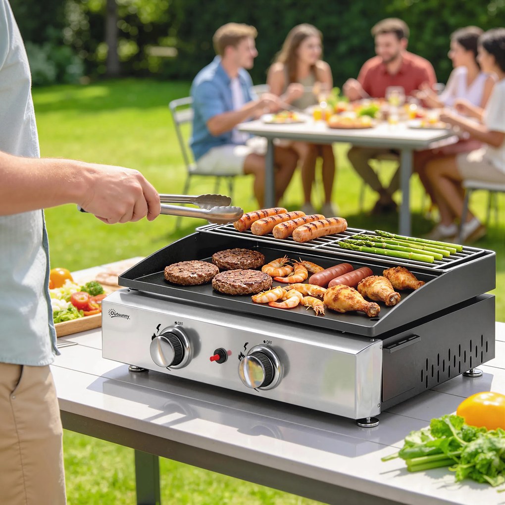 Outsunny Grill gazowy 5 kW przenośny stołowy z 2 palnikami, ceramiczną powłoką i rusztem podgrzewającym | Aosom PL