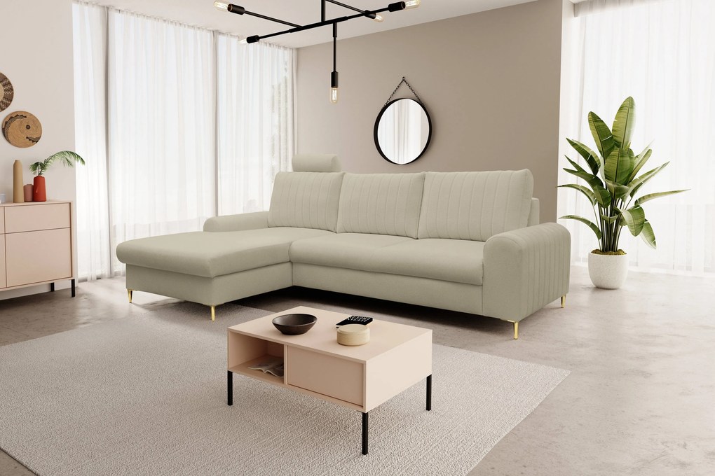 Masseno Narożnik VERONA z funkcją spania i pojemnikiem na pościel Narozniki L, Rozkładana sofa - Beżowy, LOFT 2