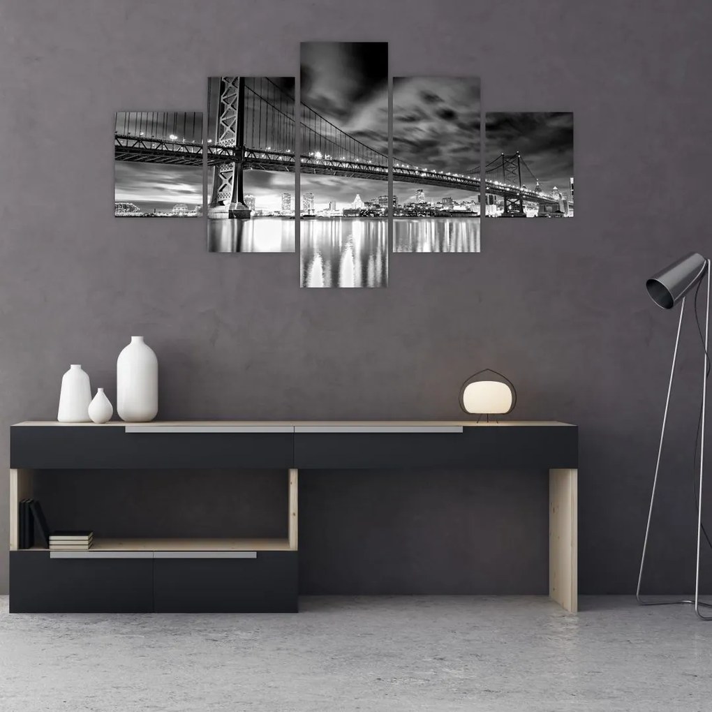 Obraz - Most Benjamina Franklina, Filadelfia, czarno  -biały (125x70 cm)