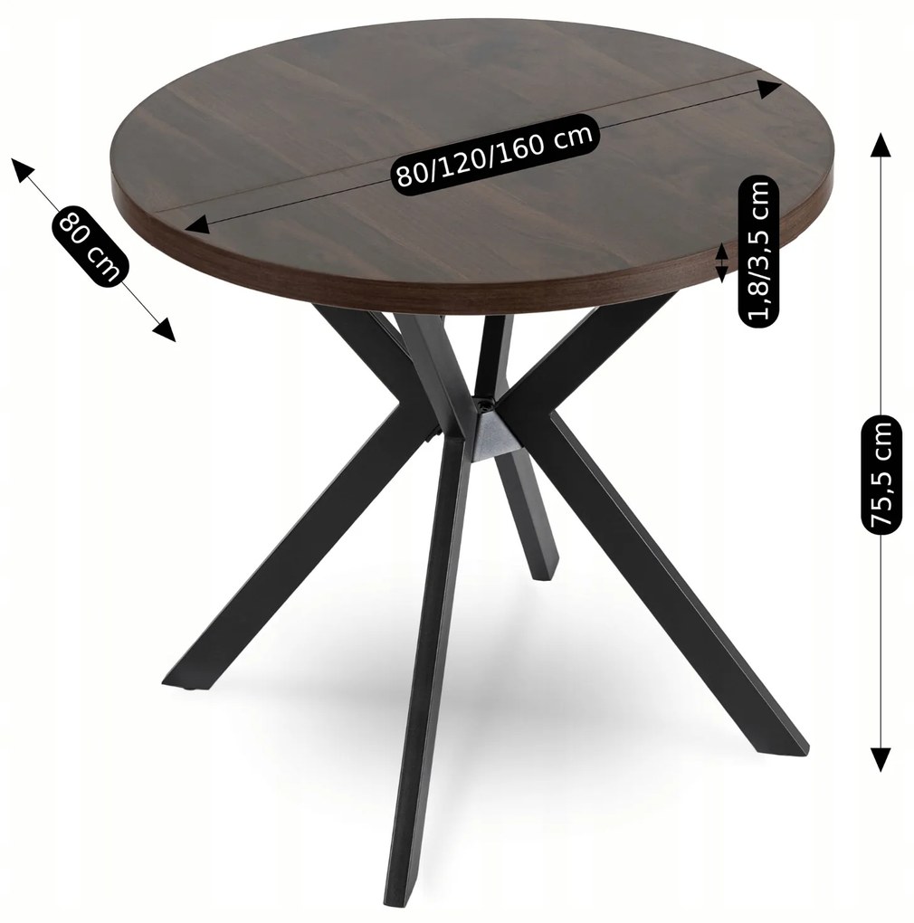 Stół Okrągły Rozkładany DORIAN 80-160 cm Orzech/Czarny Nowoczesny Loft