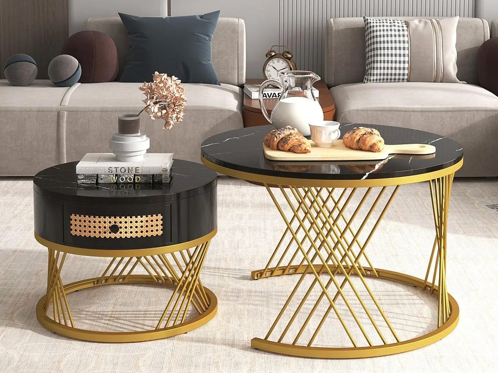 Zestaw 2 stolików kawowych - blaty w efekt marmuru - Czarny