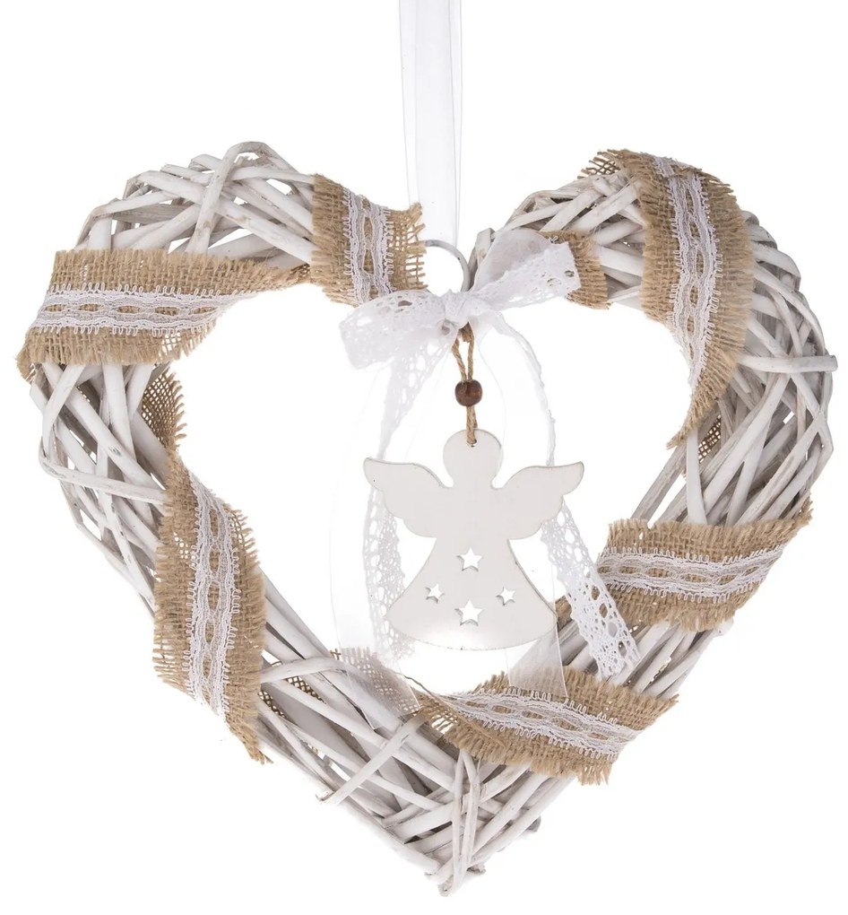 Świąteczna zawieszka w kształcie serca zaniołkiem, 30 x 30 cm, biała