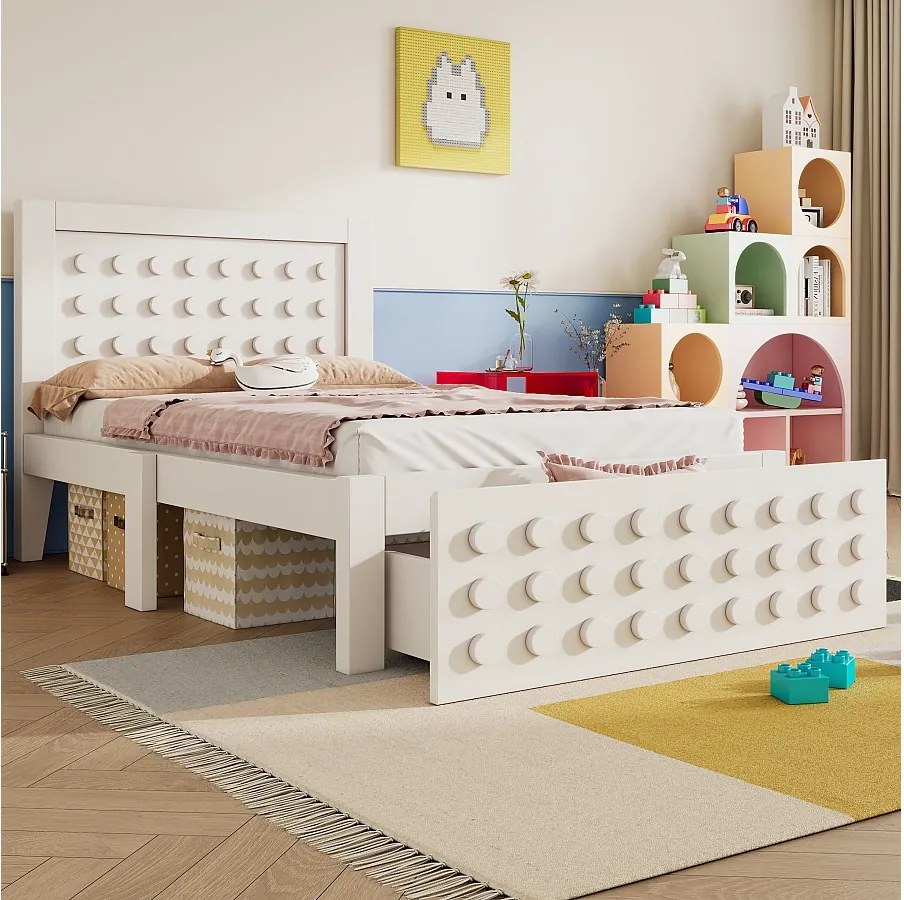 Łóżko dziecięce 90 x 200 cm – łóżko pojedyncze z szufladami i schowkiem pod łóżkiem – białe drewno – bez materaca