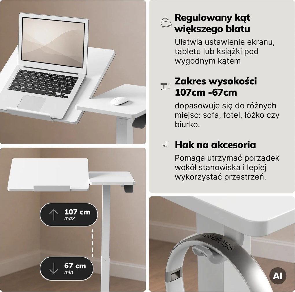 Stolik pod laptopa mobilny, regulowany, wielofunkcyjny, biały: BILL