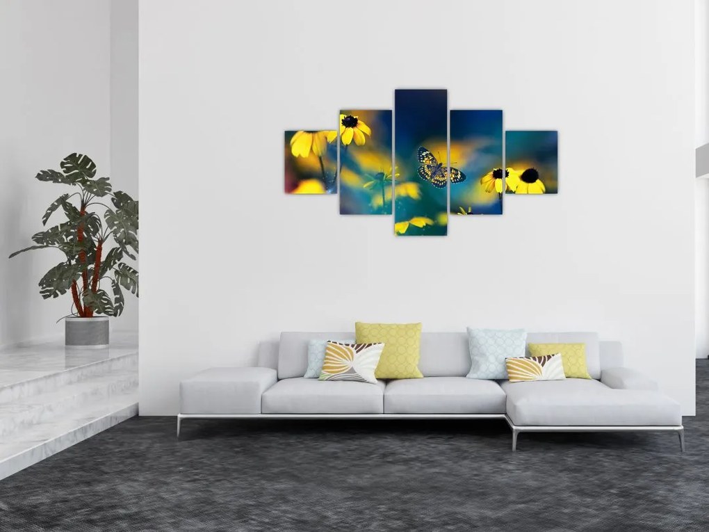 Obraz - Żółty motyl z kwiatami (125x70 cm)