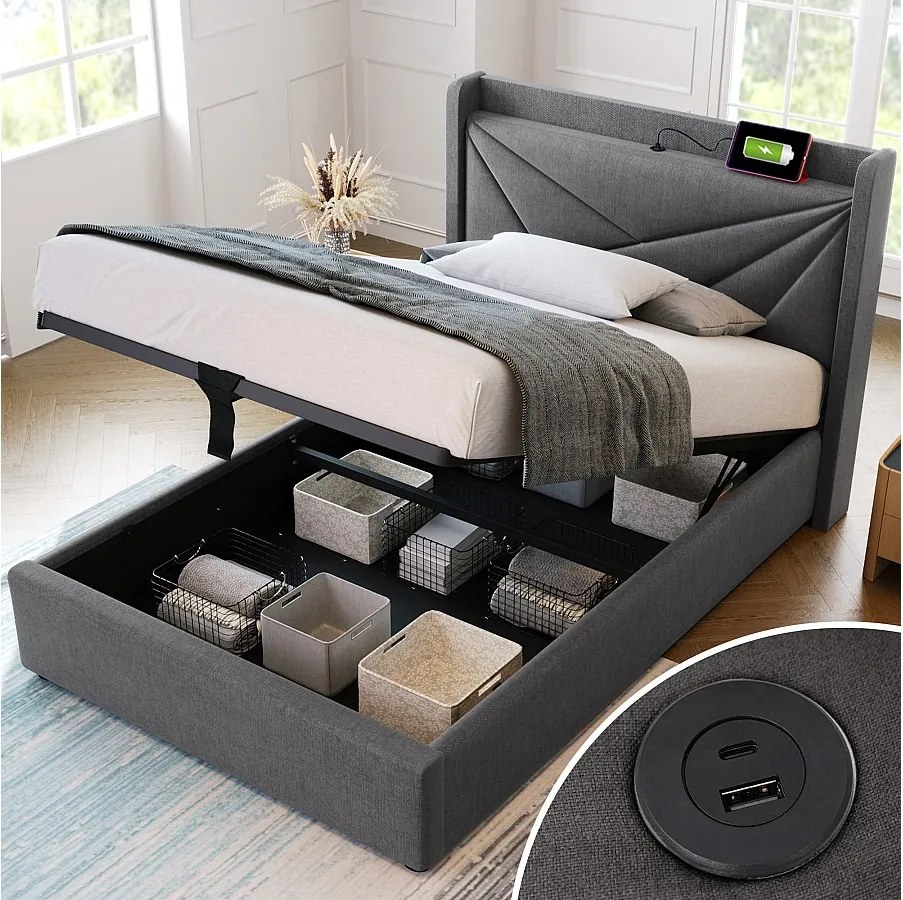 Łóżko ze schowkiem 90x200 cm - szary len - łóżko młodzieżowe z gniazdem ładowania USB - rama z listew - bez materaca