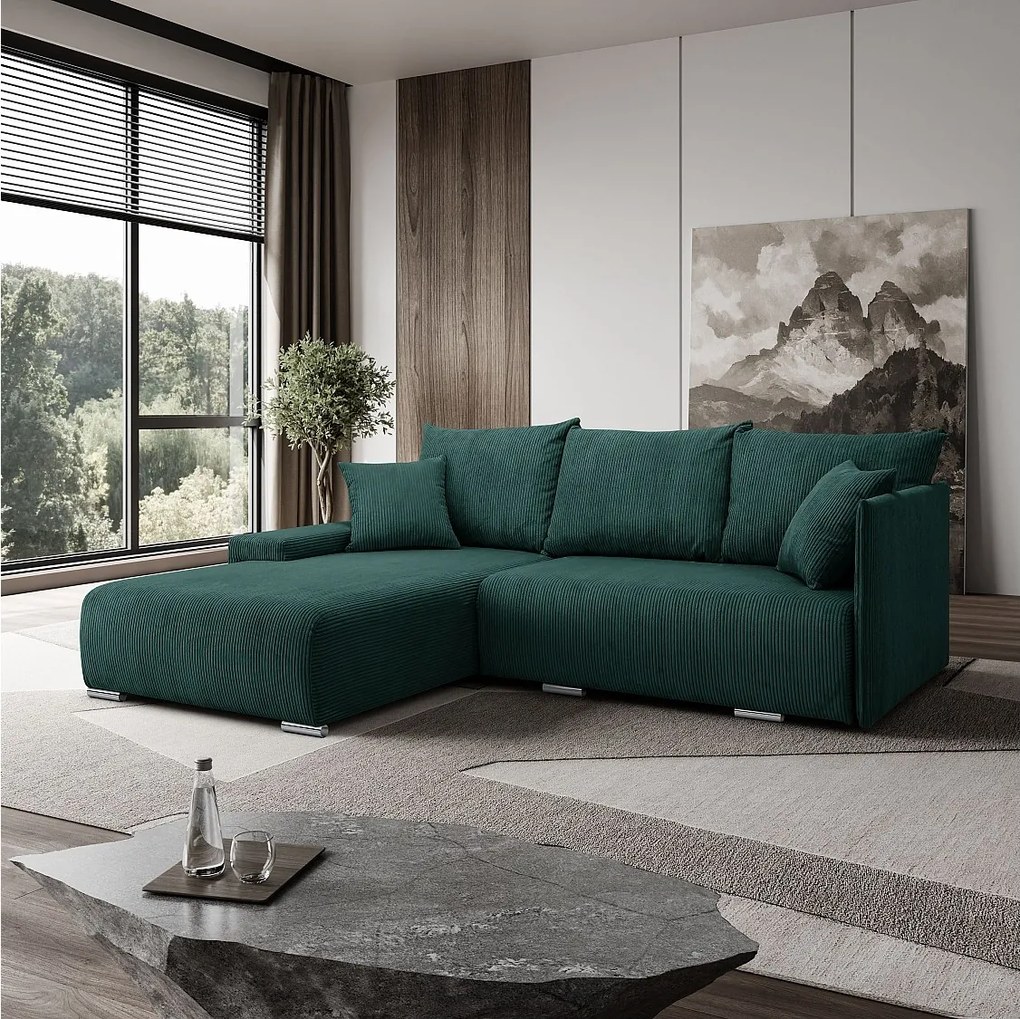 Narożnik, Sofa w kształcie L, tkanina sztruksowa Poso, Zielony, Lewy, Livorno L