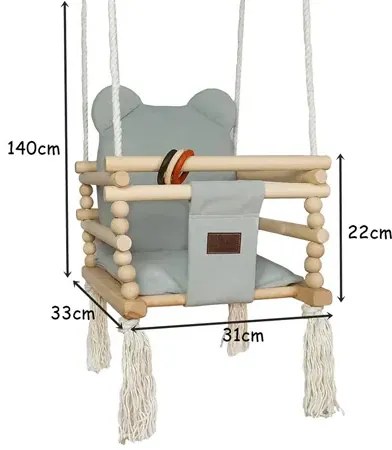 Drewniana huśtawka z welurowym oparciem srebrna N5-S48