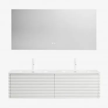 Zestaw Wiszących Mebli Łazienkowych 160x50 Cm Z Drewna Z Wbudowanymi Umywalkami Noura Biała & Prostokątny Led I Przeciwmgielny 160x75 Cm Riben & 2 X B