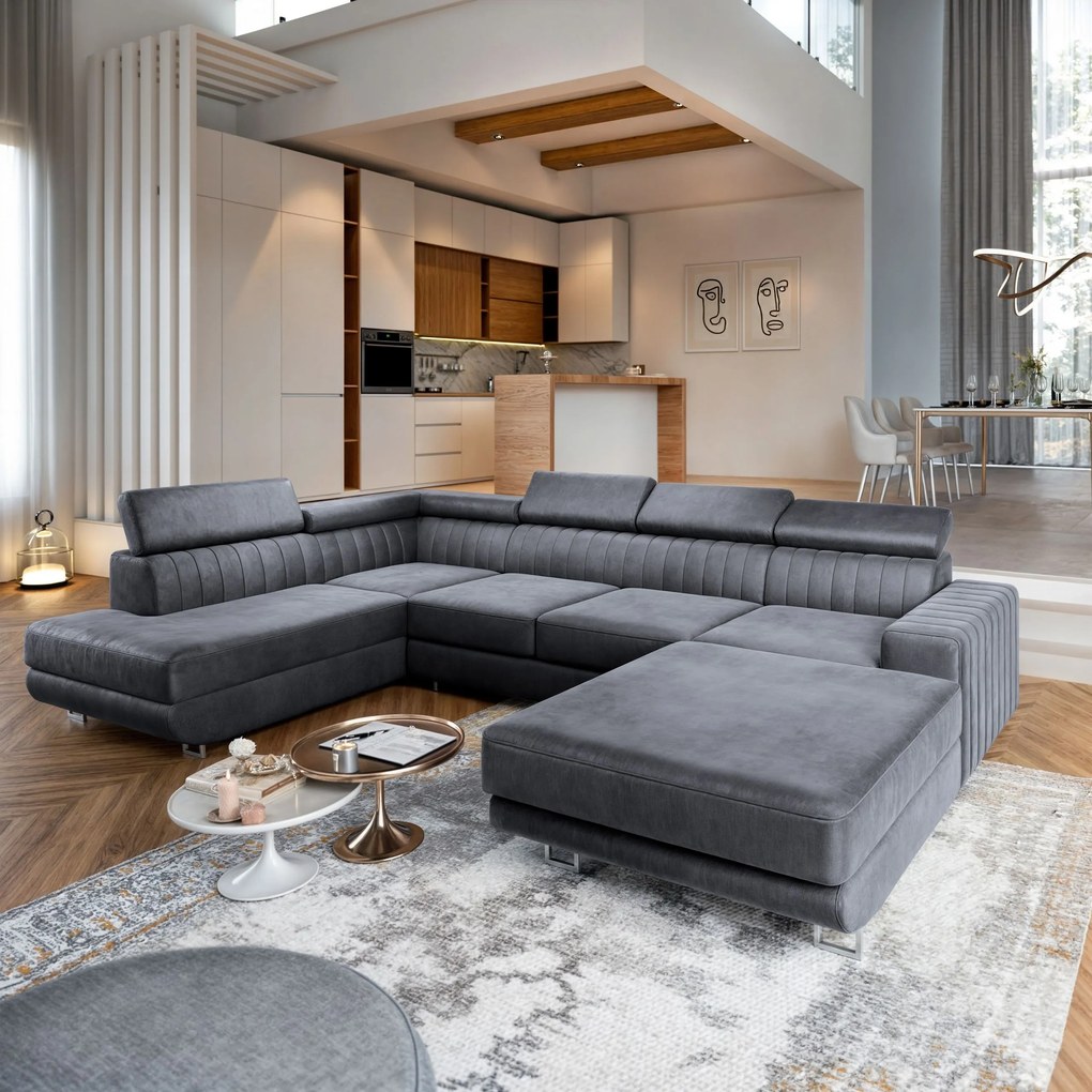 Masseno Narożnik SIENA z funkcją spania i pojemnikiem na pościel Narozniki U, Rozkładana sofa - Szary, MONOLITH 85