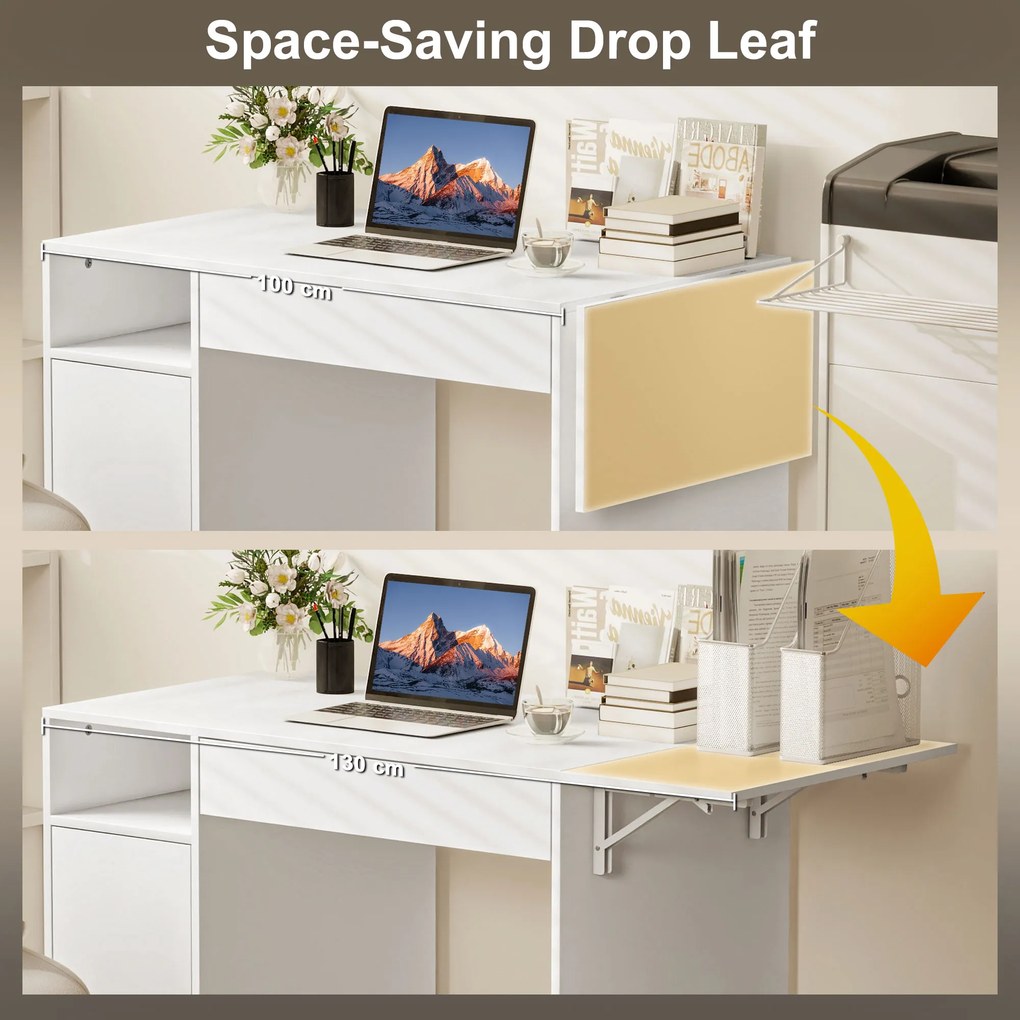 HOMCOM Mobilne biurko komputerowe na kółkach, składane biurko z szafką i szufladą, płyta wiórowa, biały