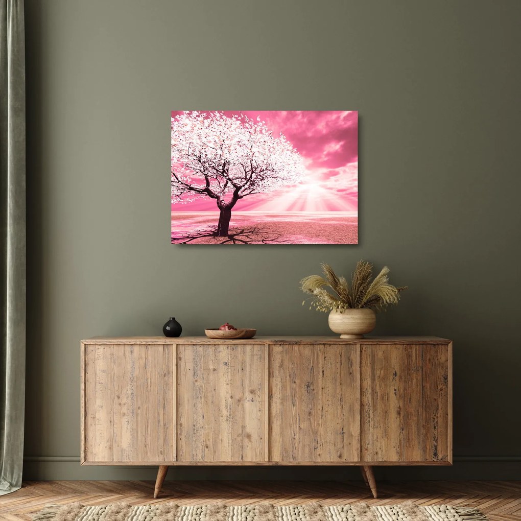 Obraz na szkle - różowy obraz drzewa (70x50 cm)