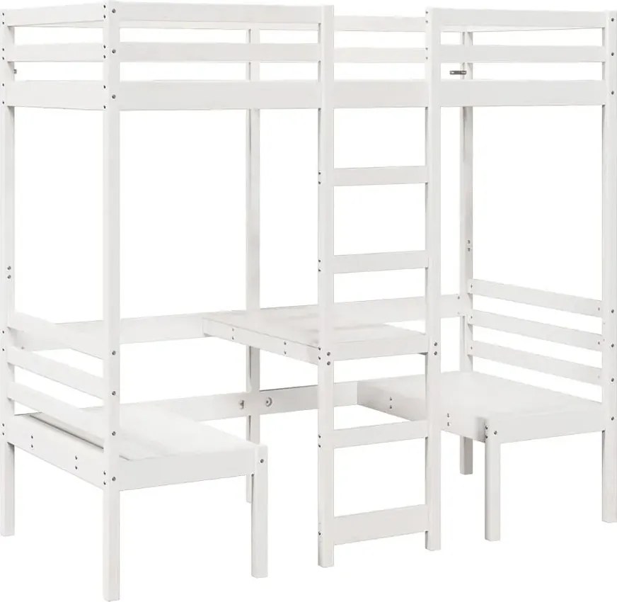 Piętrowe białe łóżko z biurkiem i krzesłami 90x190 H4-N80