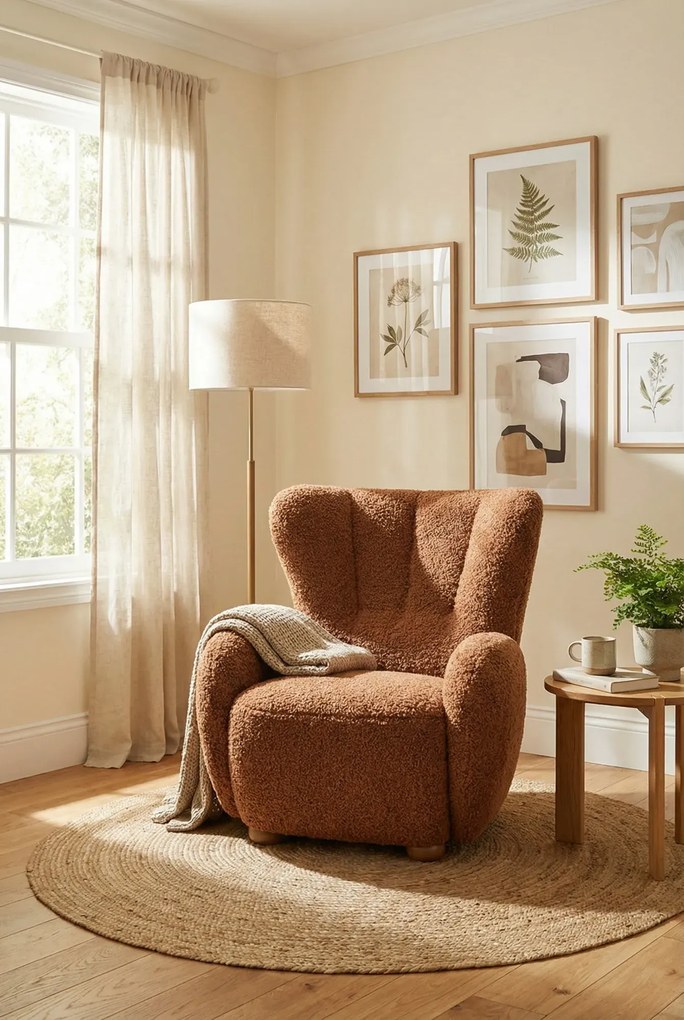 Czerwony włochaty fotel uszak boucle L5-A79