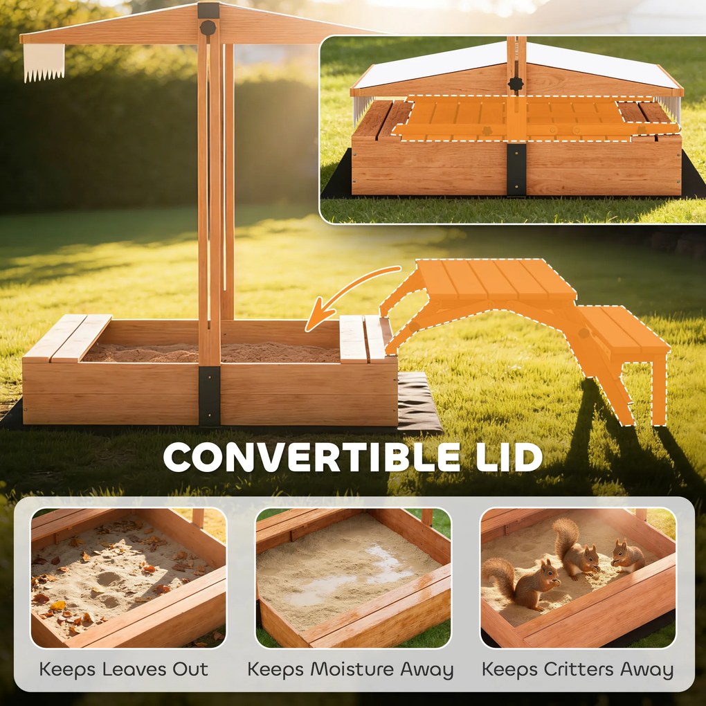 AIYAPLAY Piaskownica z dachem Piaskownica z drewna ze składanym stołem piknikowym i ławkami dla dzieci w wieku 3-8 lat 184 x 110 x 120 cm Brązowa | Aosom PL