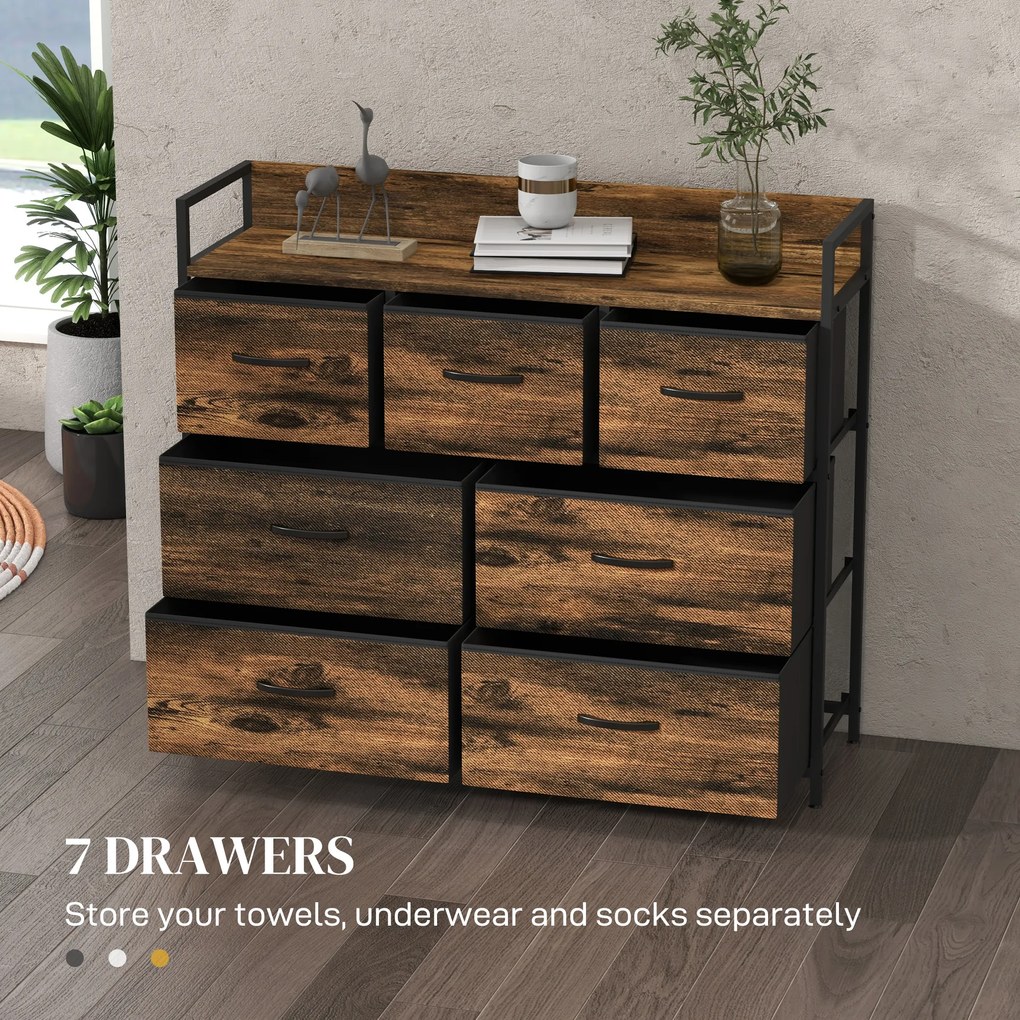 HOMCOM Komoda z 7 Szufladami z Tkaniny, Design Industrialny, Stalowa Rama, 98x29x85cm, Brąz/Czarny