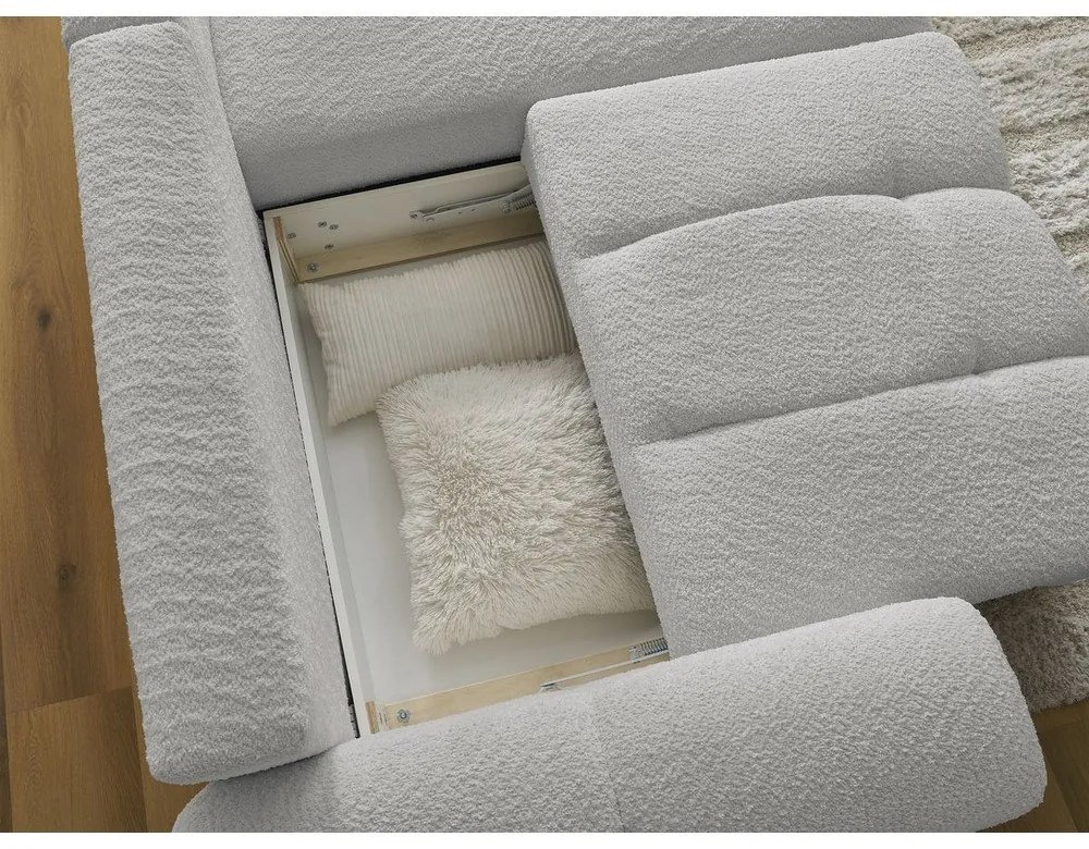 Jasnoszary rozkładany/ze schowkiem narożnik z materiału bouclé (prawostronny/z szezlongiem) Roxelane – Bobochic Paris