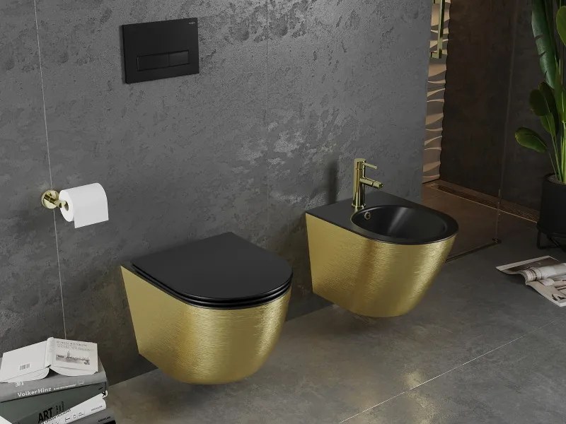 Mexen Lena miska wc Rimless z deską wolnoopadającą slim, duroplast, czarna mat/złota wzór linie - 30224077