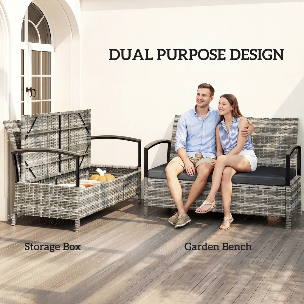 Outsunny Ławka ogrodowa ze schowkiem, 2-osobowa, z poduszką, pojemnik 125L, rattan PE, 123 x 70 x 82 cm, ciemnoszara | Aosom PL
