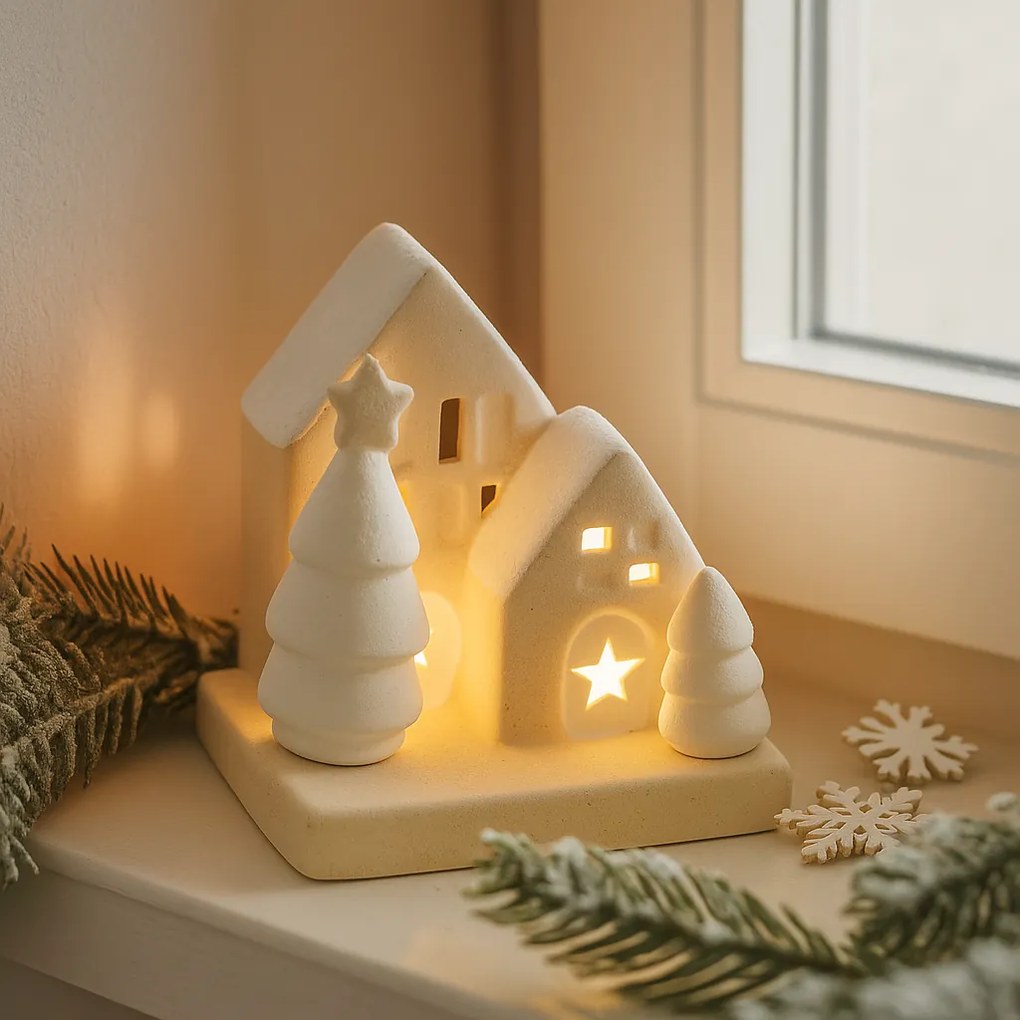 Dekoracja domek z kamionki z oświetleniem LED, 10,5 cm