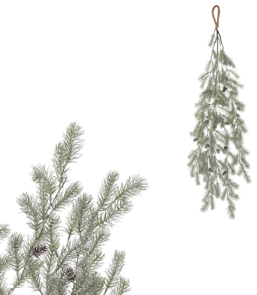 Sztuczna zwisająca gałąź świerkowa z szyszkami, 100 cm, pokryta szronem