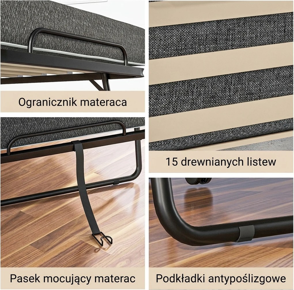 HOMCOM Łóżko Składane, Materac, 4 Koła, Stelaż Metalowy, do 150 kg, 190 x 80 x 42 cm, Ciemnoszary