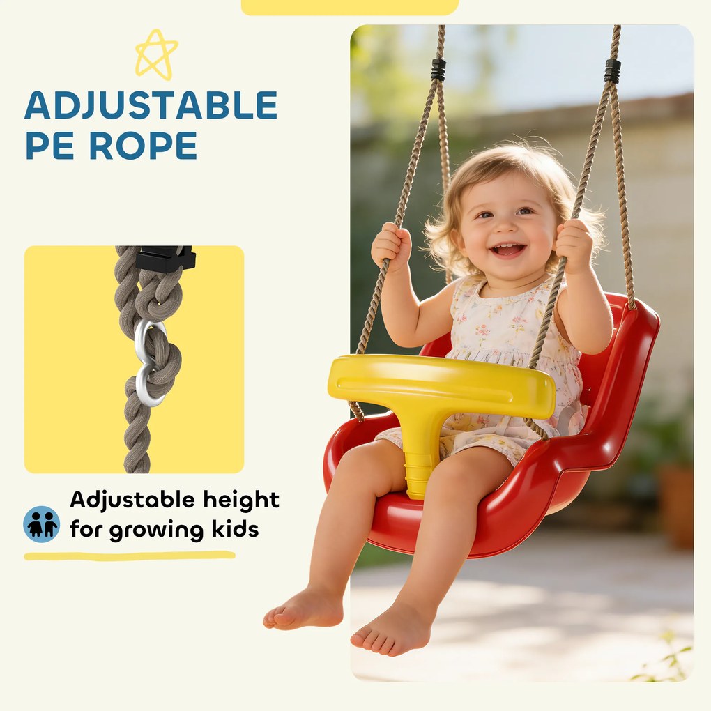 AIYAPLAY Regulowana huśtawka dla niemowląt, rosnąca z dzieckiem — siedzisko z oparciem i barierką bezpieczeństwa, dla dzieci 9-36 miesięcy, Czerwony | Aosom PL