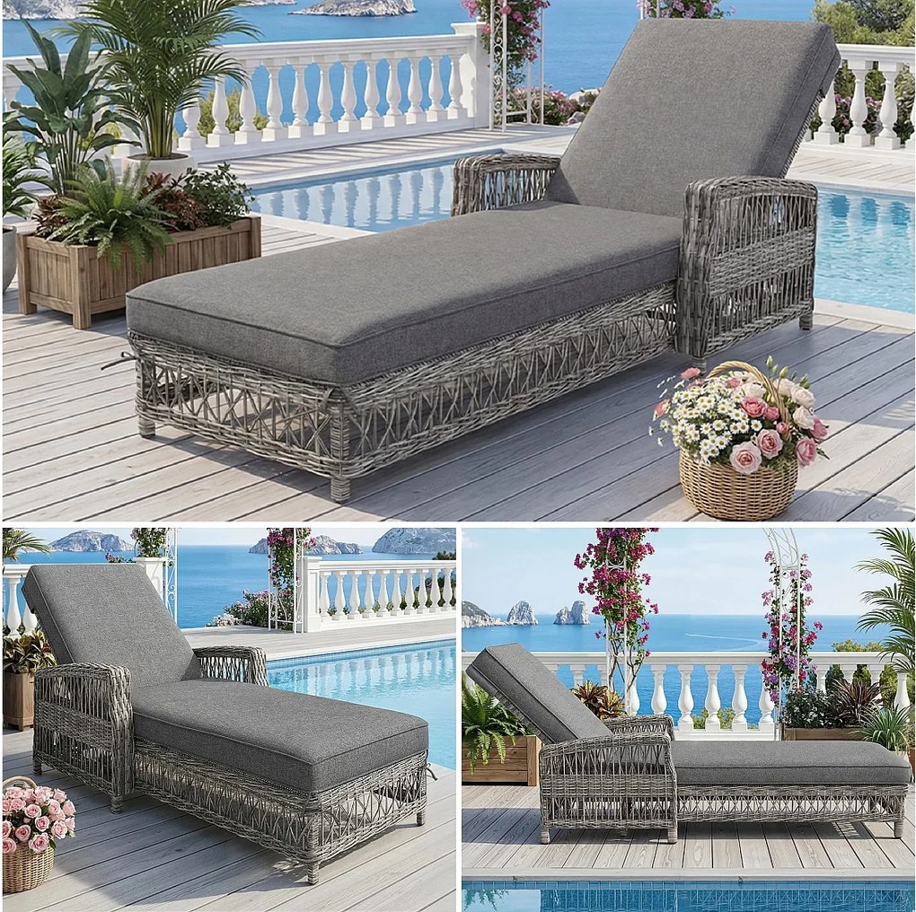 Leżak rattanowy (1 szt.) - 192 x 70 x 58 cm - z regulowanym oparciem + zdejmowana poduszka - metal + tworzywo sztuczne - szary