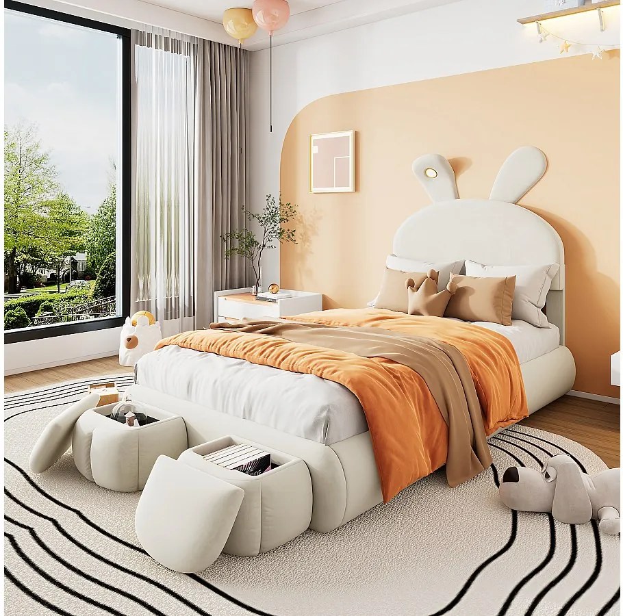 Łóżko jednoosobowe 90x200 cm - Łóżko dziecięce z dwiema ławkami ze schowkiem i ciepłą taśmą świetlną - beżowy aksamit - bez materaca