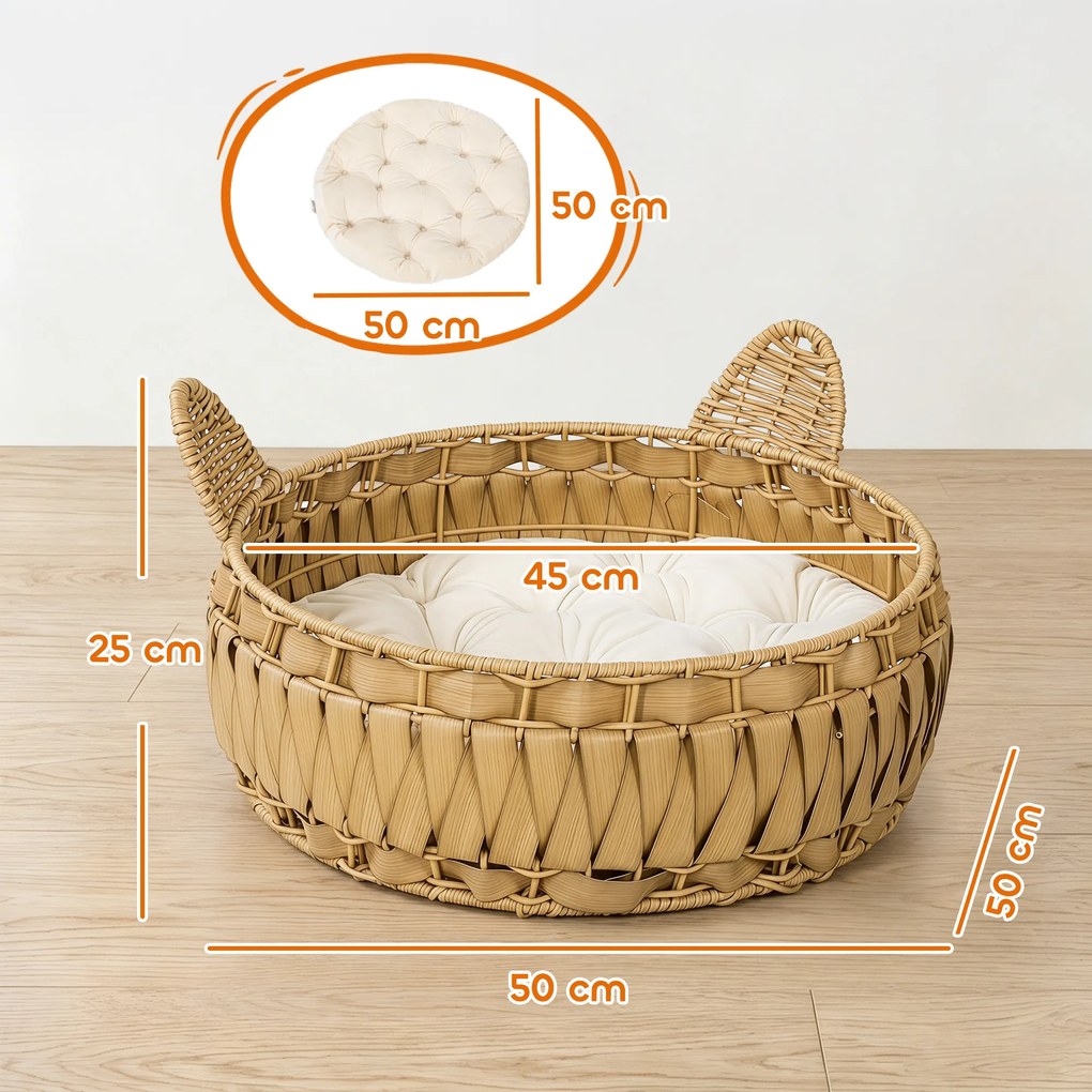 PawHut Legowisko rattanowe dla kota, jaskinia z odpinaną poduszką, kosz dla kotów do 10 kg, 50 x 50 x 25 cm, jasnobrązowy | Aosom PL