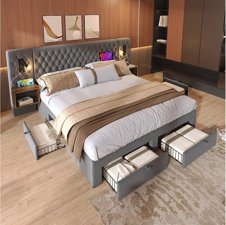 Łóżko tapicerowane dwuosobowe - 160 x 200 cm - z 2 szafkami nocnymi + 4 szufladami + lampką nad wezgłowiem - aksamitne - szare