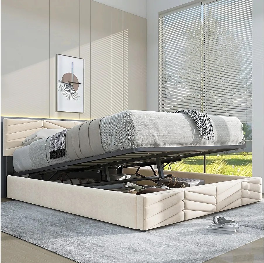 Łóżko ze schowkiem 140x200 cm - beżowy aksamit - łóżko dla dorosłych z regulowanym zagłówkiem - bez materaca