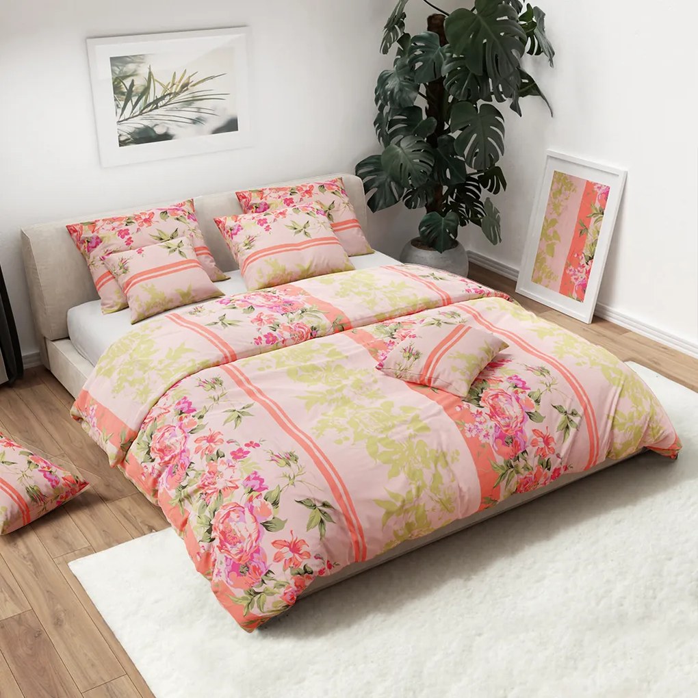 PrzytulneMieszkanie.pl PrzytulneMieszkanie.pl Bawełniana pościel KWIATY Z LIŚĆMI różowa Rozmiar pościeli: 80 x 80 cm | 135 x 200 cm