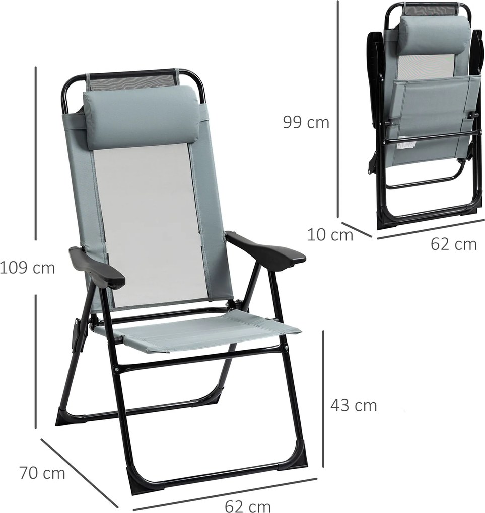Outsunny Zestaw 2 składanych krzeseł, leżaki, odporny na warunki atmosferyczne, 5-poziomowa regulacja oparcia, konstrukcja metalowa, Szary